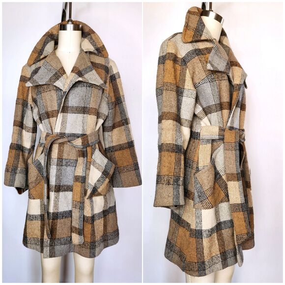 70s Plaid Coat jacket with Pointed Collar and Pockets - Blanket Coat Belted XS S - Picture 1 of 10